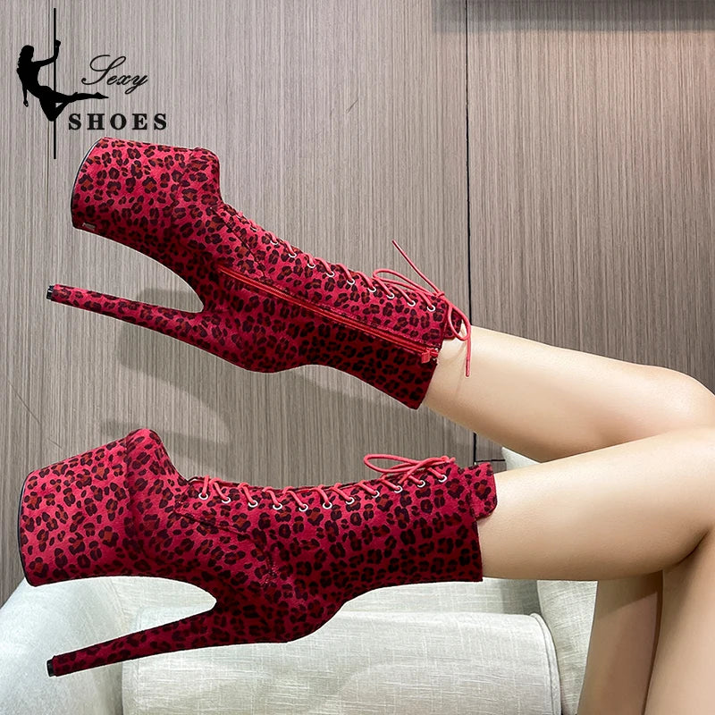 Women's Short Boot Leopard Print Flock 20cm/8Inch High Heels Sexy Ankle Boots Pole Dance Shoes Lace-up Zip Platform Stiletto