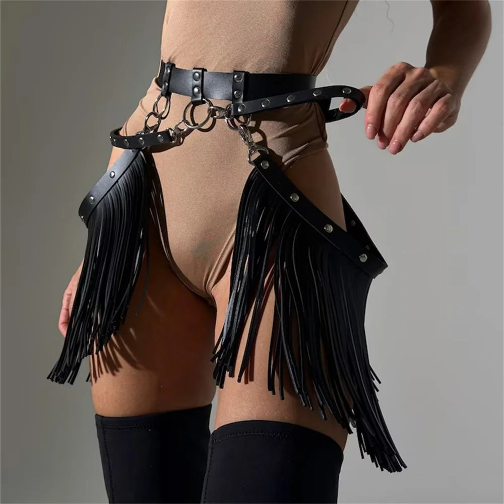 Tassels Leather Cage Skirt With Fringe Body Harness Women Party Suspender Belt Goth Accessories