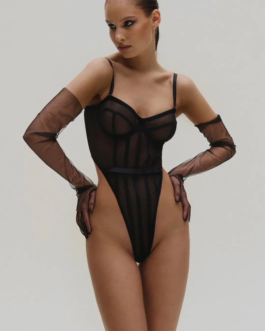 Ellolace Lace Bodysuit One Piece Tops Sheer Lace See Through Tight Fitting Black High Cut Fitness Body Tights