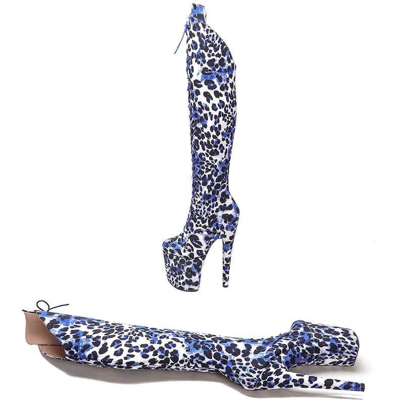20CM/8inches Leopard upper fashion Knee High Boots For Women Chunky Platform High Boots Party Shoes Ladies 5B