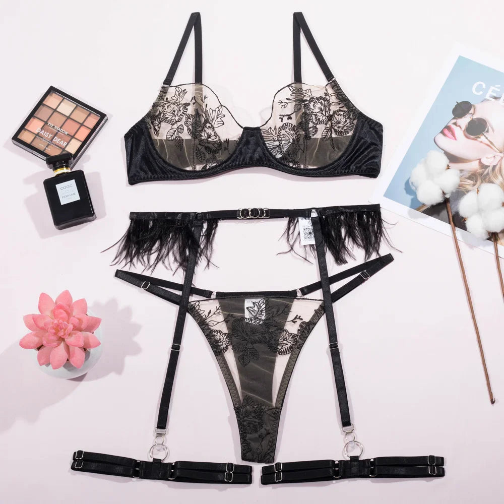 Ellolace Feather Sensual Lingerie Floral Embroidery Underwear Uncensored Sheer Lace Exotic Set Garters Seamless Sissy Outfit
