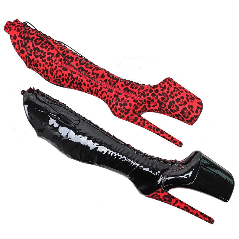 23CM/9inches Black patent with red Leopard fashion lady High Heel platform Pole Dance boots