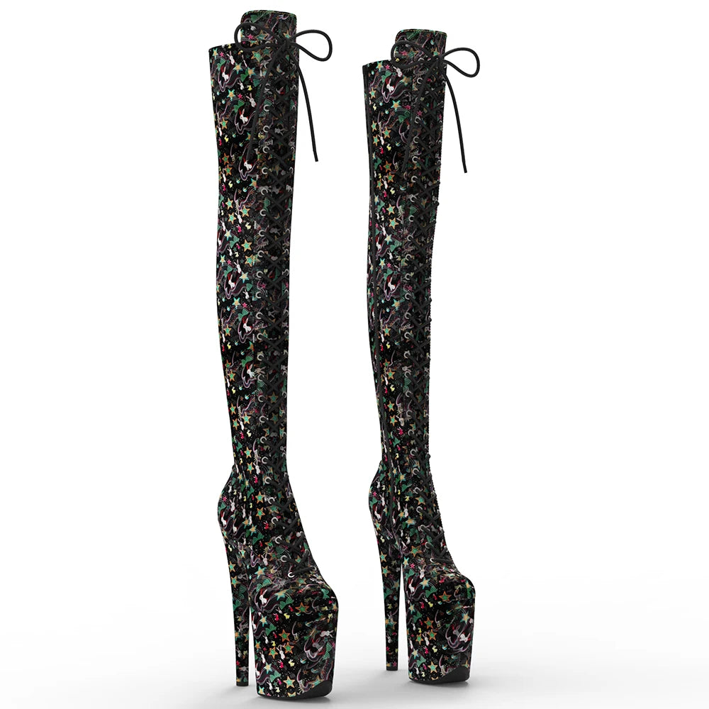 20cm/8inches Stars And Rabbits Pattern Fashion High Heel Platform Thigh High Boots Pole Dancing Boots