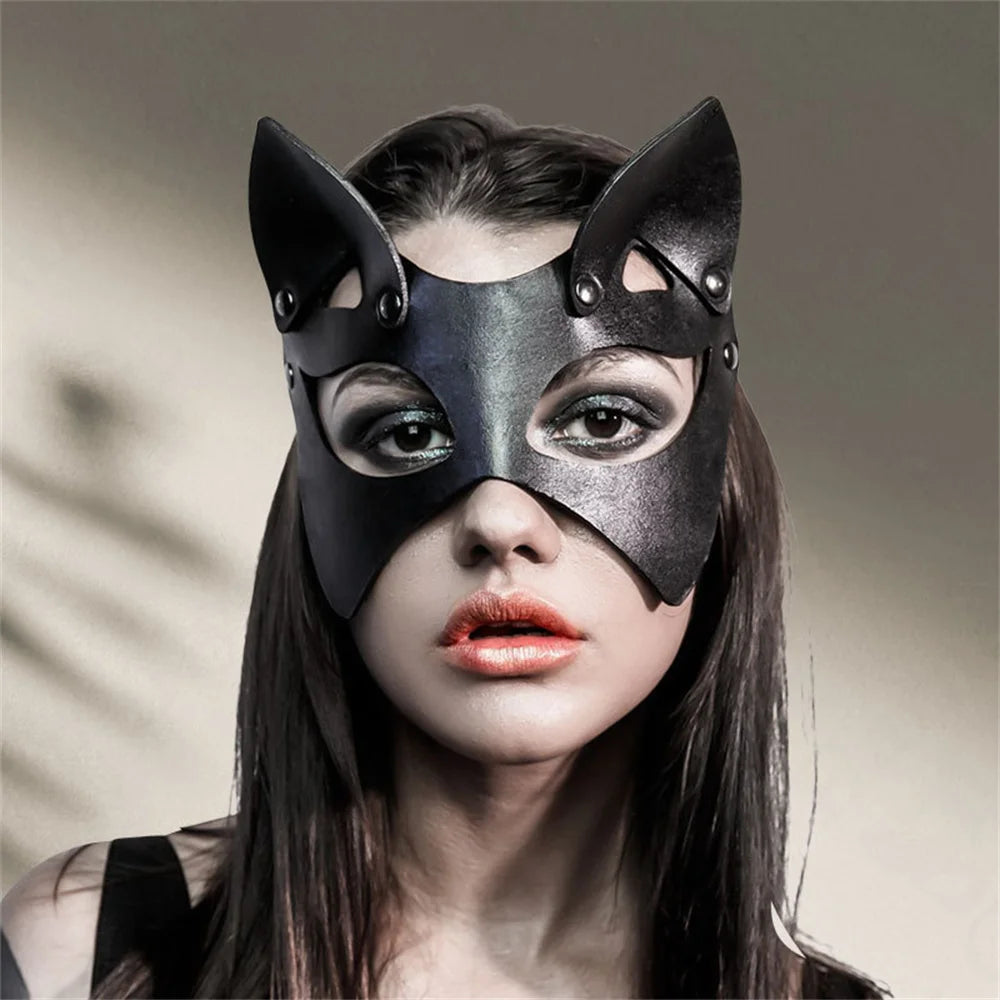 Women Cosplay Mask Leather Harness Mask Cosplay Fun Cat Mask Black Halloween Games Mask