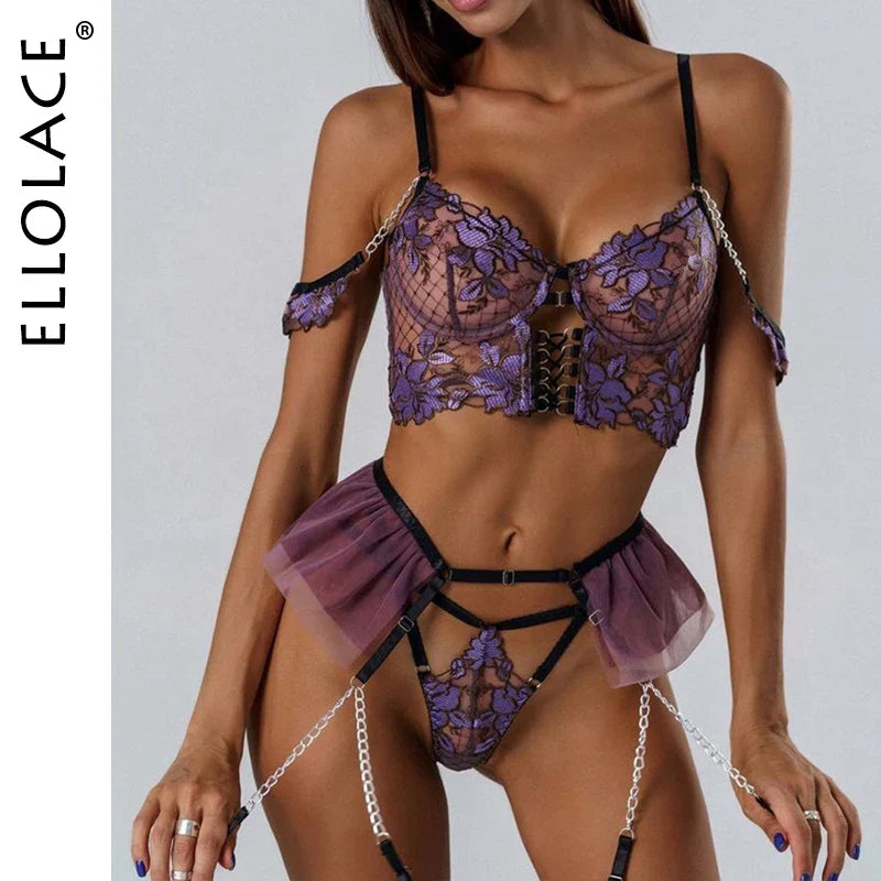 Ellolace Fancy Lingerie Floral Sexy Porn Underwear Women Body Ruffle Garters Briefs Transparent Bra Chic Sexy Costume 3-Piece