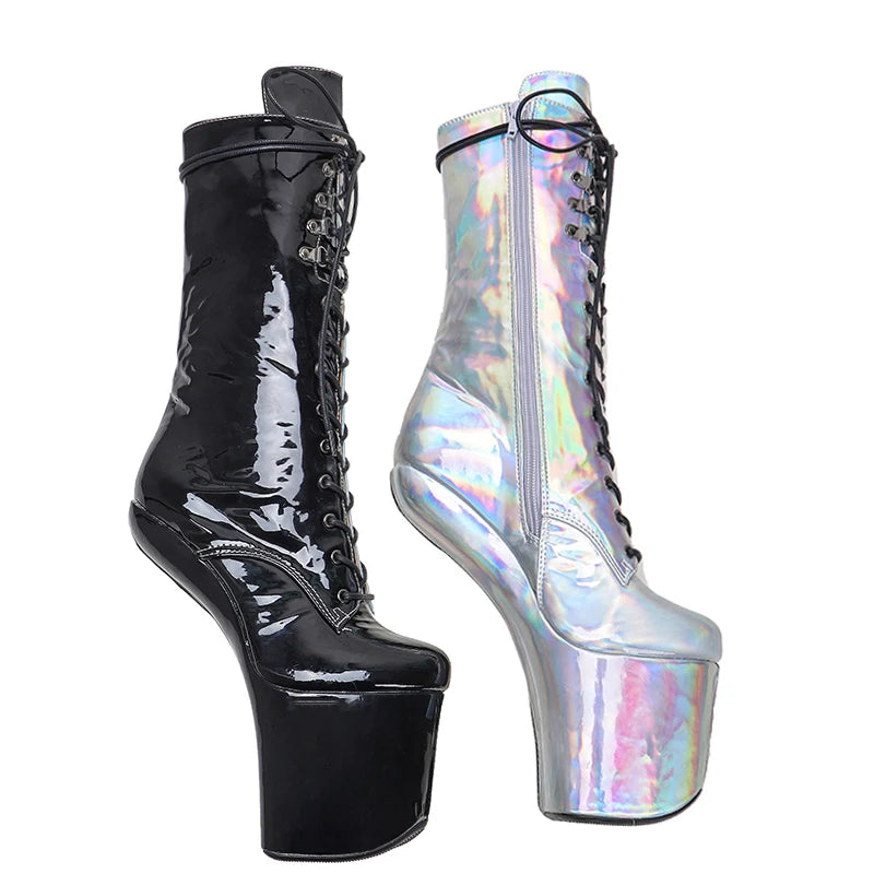 shinny Black with silver PU Upper Platform Ankle Boots y Exotic heelless pole dance shoes