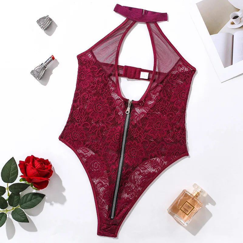 Ellolace Bodysuit Lace Overalls For Women Fitness Body Deep-V Lingerie Bodysuit Halter Tops For Women Summer Sexy Mesh Bodysuit