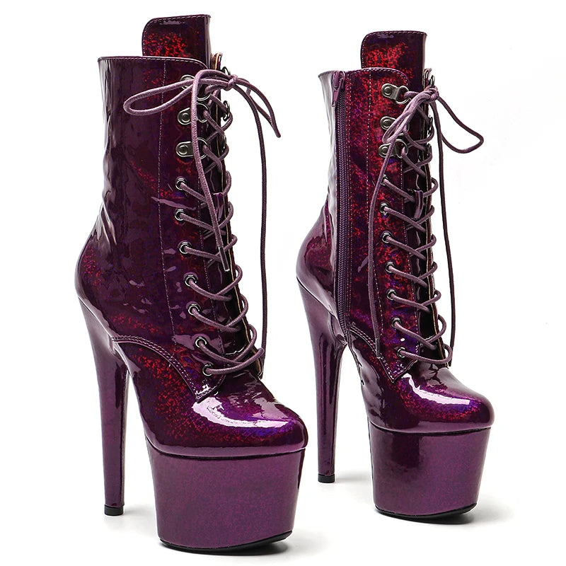 17CM/7inches Patent Upper Women Fashion High Heel Platform Lace up Ankle Boots Pole Dance Boots