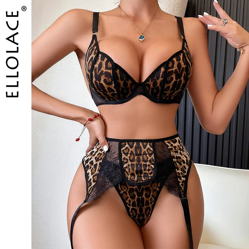 Ellolace Leopard Lingerie Woman Senxual Push Up Full Underwear Fancy Garter Bilizna Sexy Romantic Sissy Onlyfans Kit 3-Piece