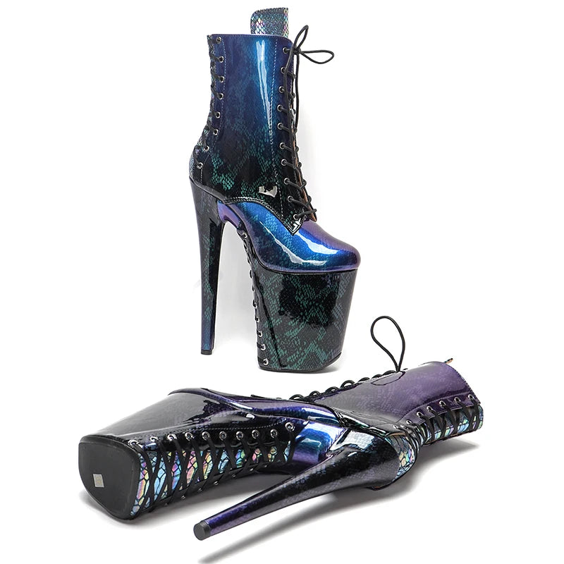 23CM/9inches shinny Snakeskin material lace up sole and upper High Heels Pole Dance boot