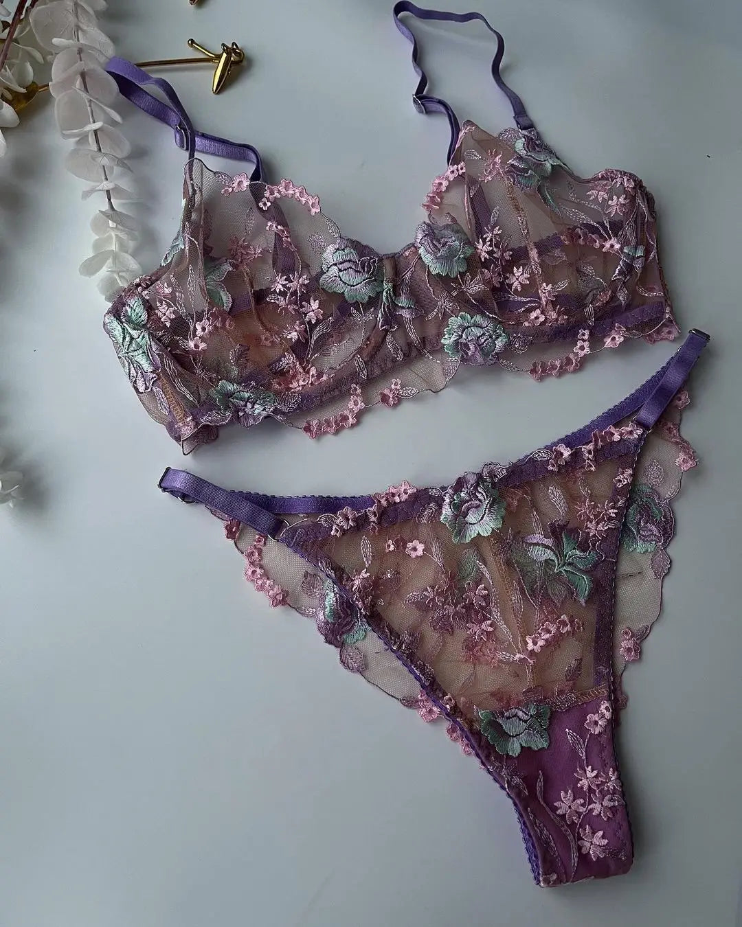 Ellolace Floral Fancy Transparent Bra Romantic Lingerie Sexy Bilizna For Sex Set Lace Erotic See-Through Underwear