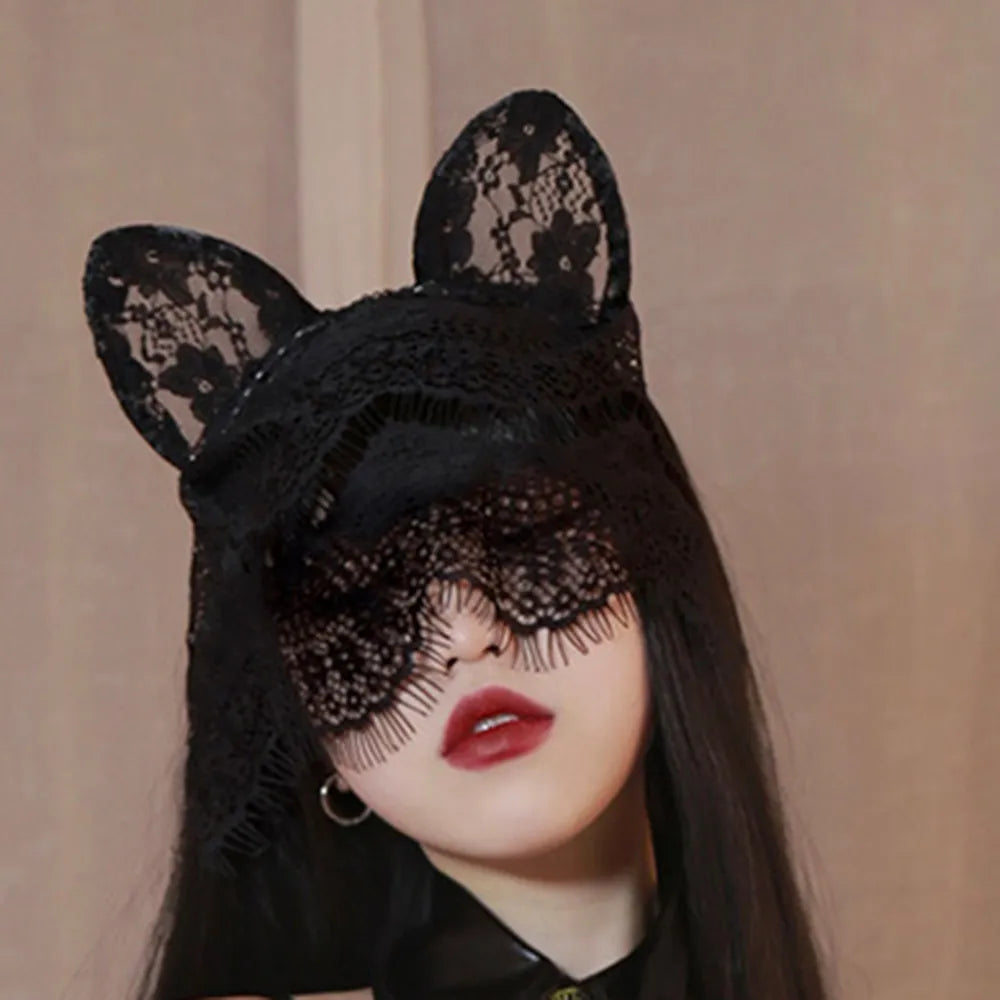 Cosplay Party Masquerade Headwear Lace Veil Cute Cat and Rabbit Ears Cosplay Headband Hairpin Women Squid Game Anime