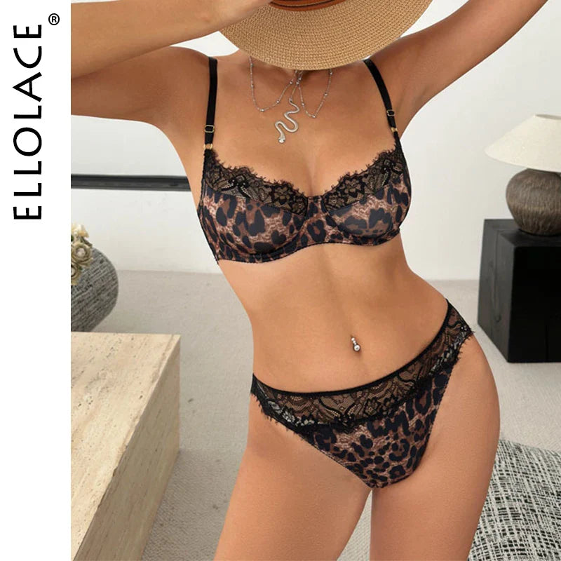 Ellolace Leopard Lingerie Sexy Sets Erotic Lace Underwear Silk Set Intimate Animal Print Mulberry Bra See-Through Panties Outfit