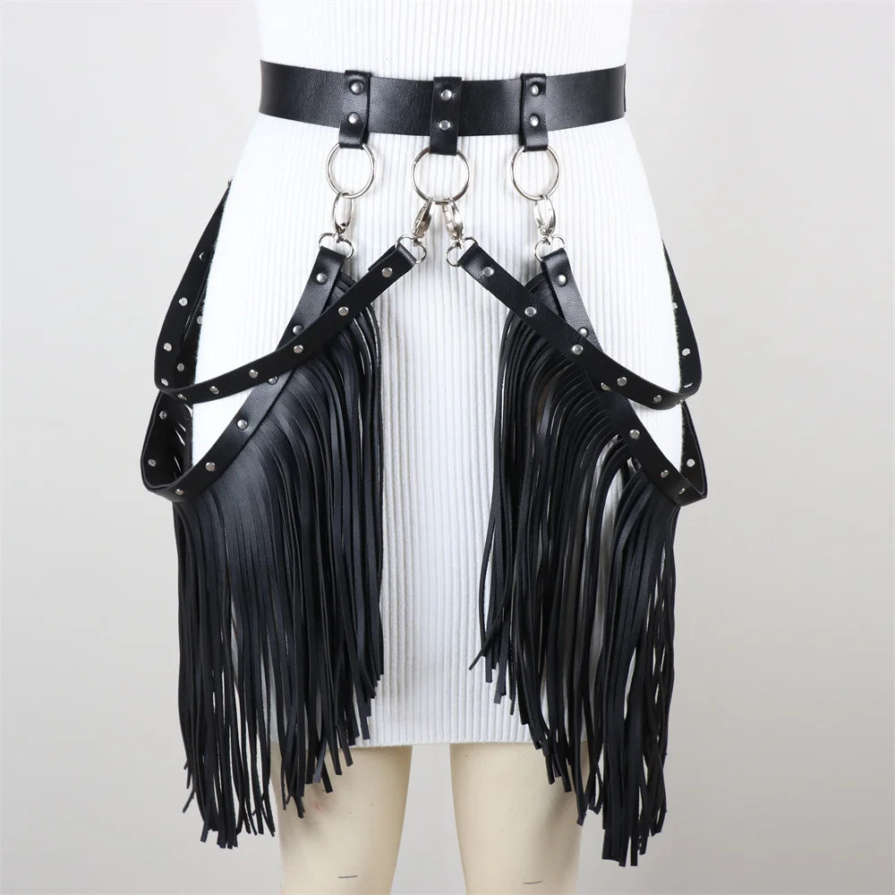 Tassels Leather Cage Skirt With Fringe Body Harness Women Party Suspender Belt Goth Accessories