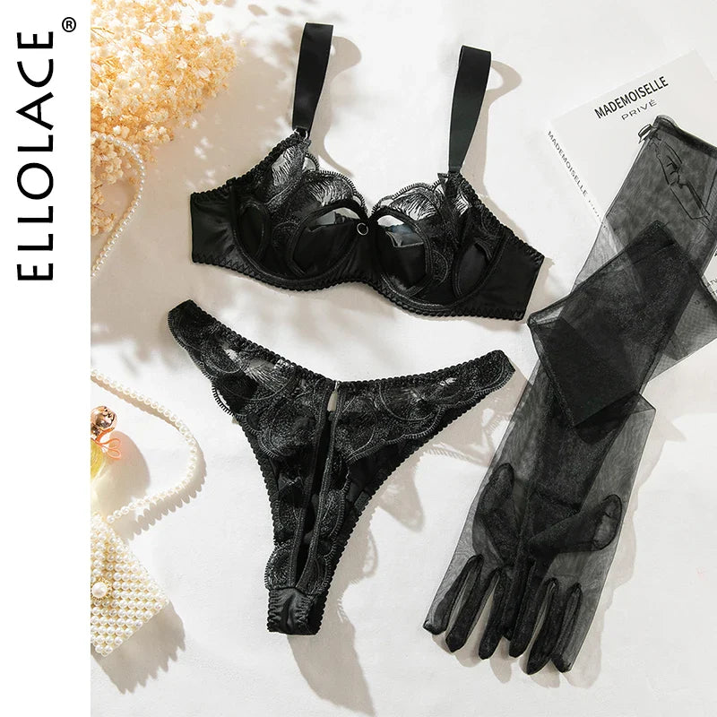 Ellolace Fantasy Lingerie Peekaboo Bra Fancy Lace Intimate Crotchless Panties Sissy Seductive Underwear Long Gloves Onlyfans
