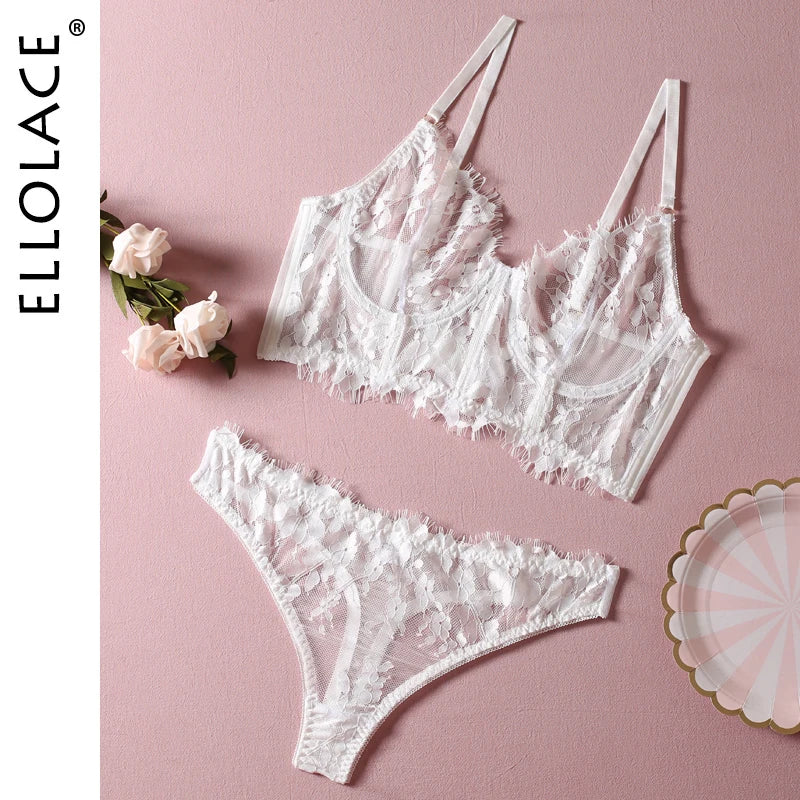 Lingerie Transparent Bra Set Women 2 Piece Lace Underwear White Sensual Wedding Intimate Outfits