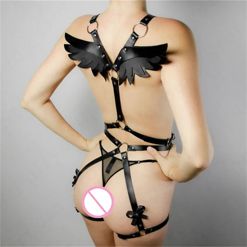 Angel Wings Harness Women Set PU Leather Garter Belt Gothic Suspender Body Waist Thigh Strap y Lingerie Cage