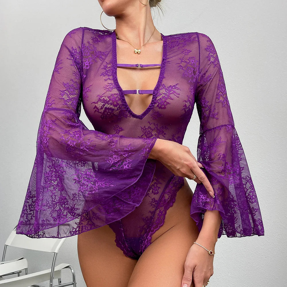 Ellolace Kinky Bodysuit Fantasy Trumpet Sleeve Fetish Sexy Hot Lingerie Body Naked Erotic Costume Sissy See-Through Tights