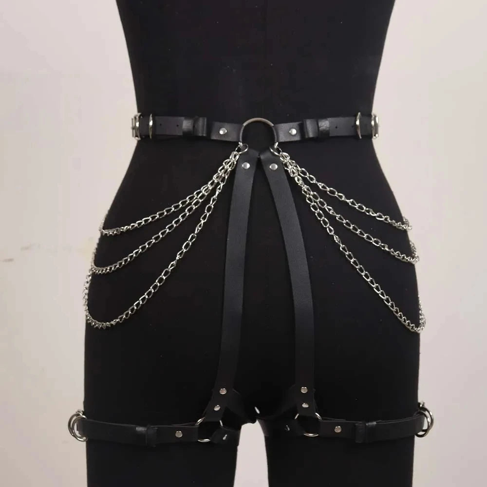 ock y Layered Body Chains Punk Leather Harness Strap Gothic Garter Belt Women Lingerie Accessories Rave