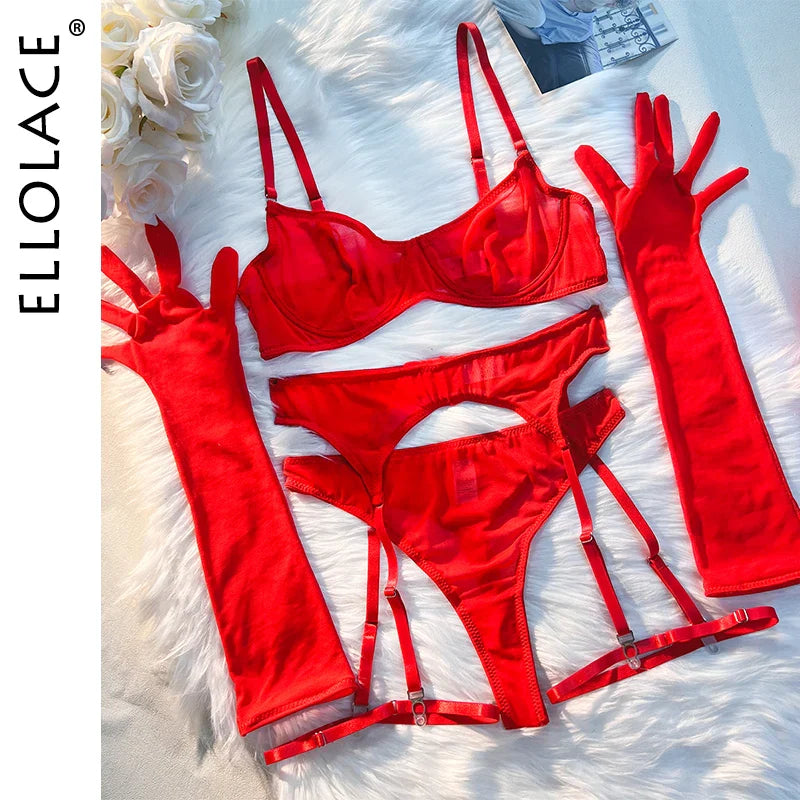 Ellolace Seamless Lingerie With Long Gloves Lace Seamless Underwear Intim Goods Sexy Outfits See Through Bra And Panty Set