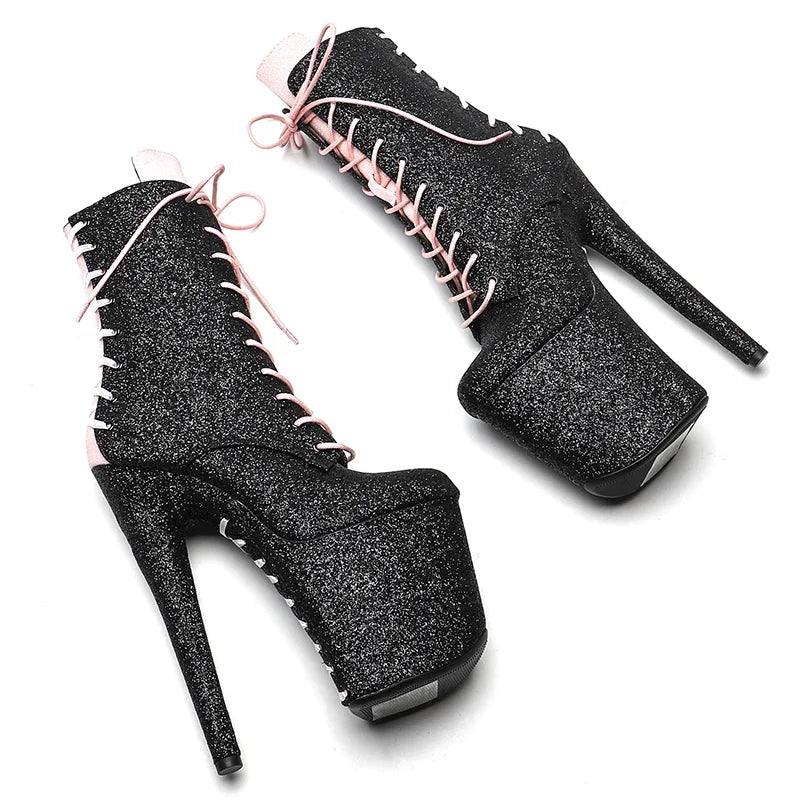 20CM/8inches Black with Pink Glitter Upper Fashion and trends High Heel platform Pole Dance boot