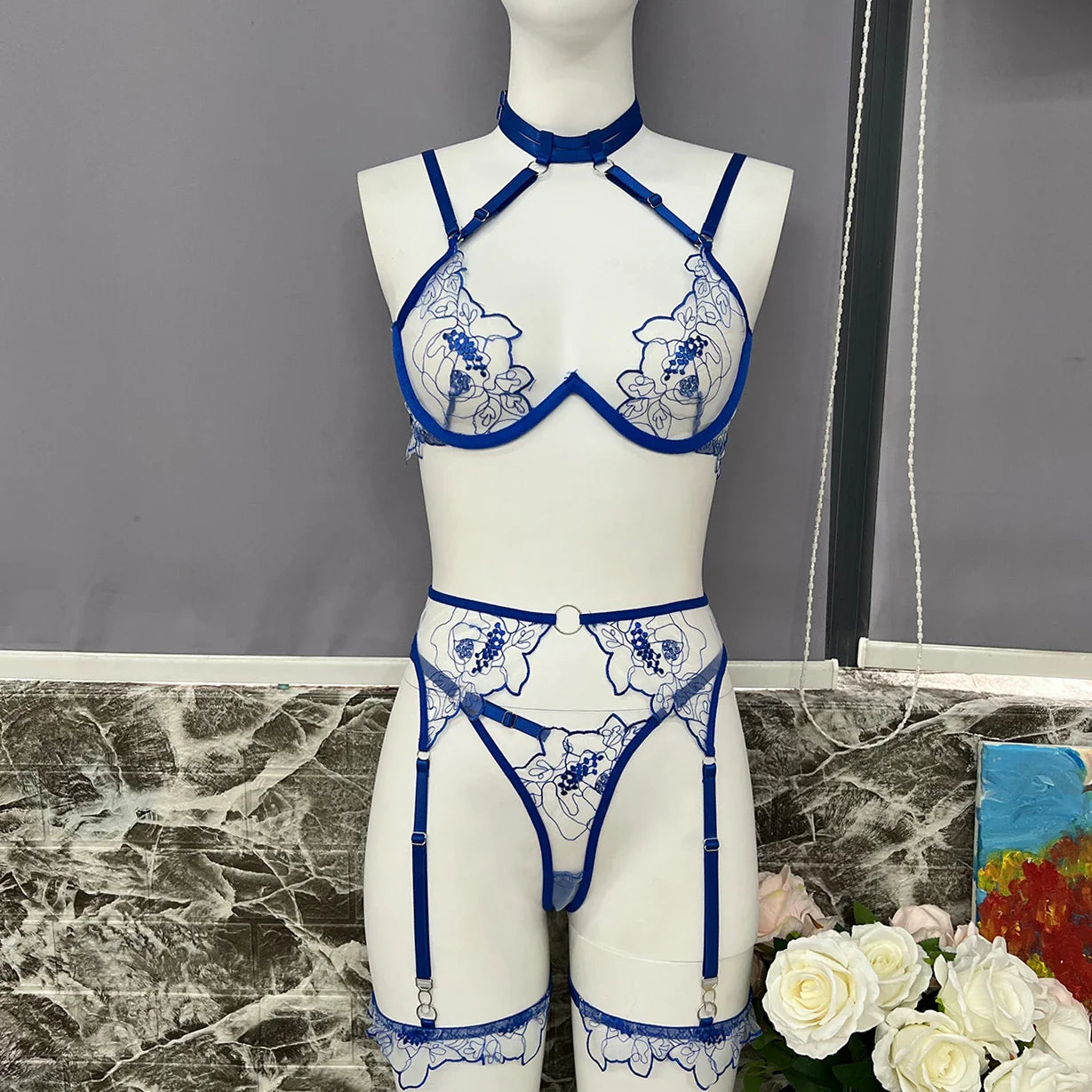 Ellolace Sensual Romantic Lingeries Transparent Lace Embroidery Hot Girl Underwear See Through Lace Set Half Cup Push Up Outfit