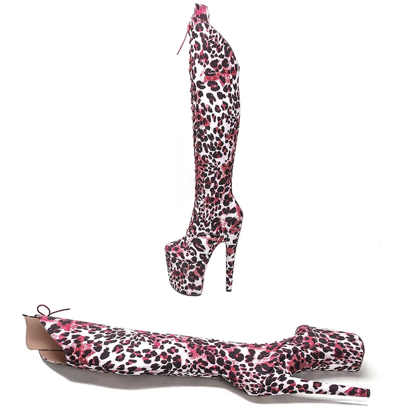 20CM/8inches Leopard upper fashion Knee High Boots For Women Chunky Platform High Boots Party Shoes Ladies 5B