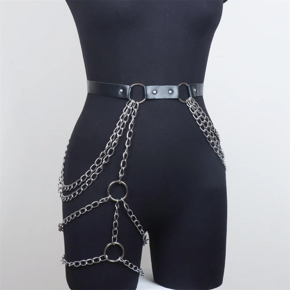 Body Waist Chain Gothic Punk Leather Harness Jewelry Belt Layered Belly Chain for Women Festival Rave Party Accessories