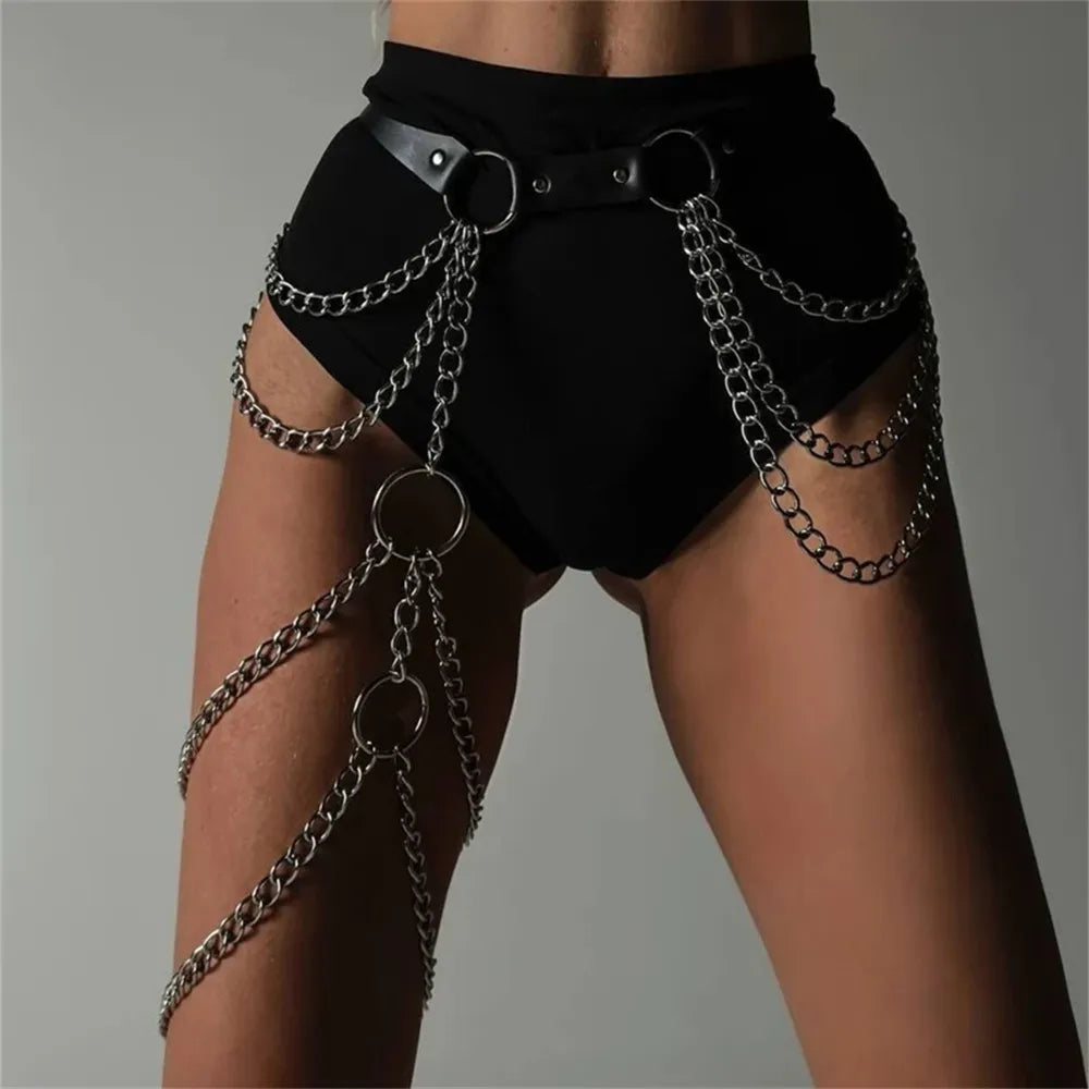 Body Waist Chain Gothic Punk Leather Harness Jewelry Belt Layered Belly Chain for Women Festival Rave Party Accessories