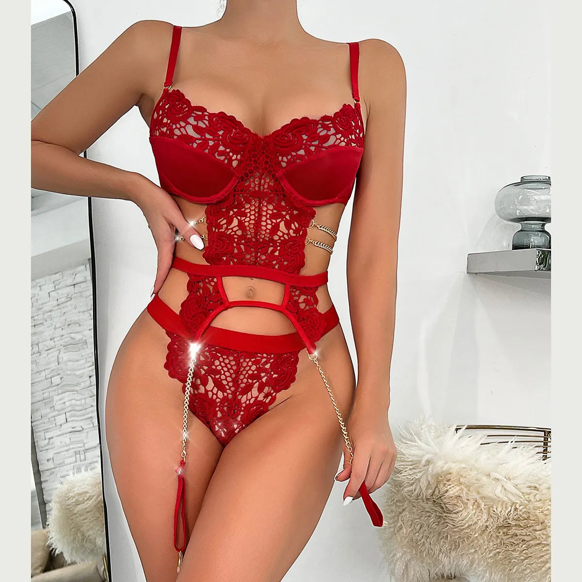 Sensual Lingerie With Chain Lace Hollow Out See Through Brief Set Woman 2 Pieces Fancy Luxury Underwear