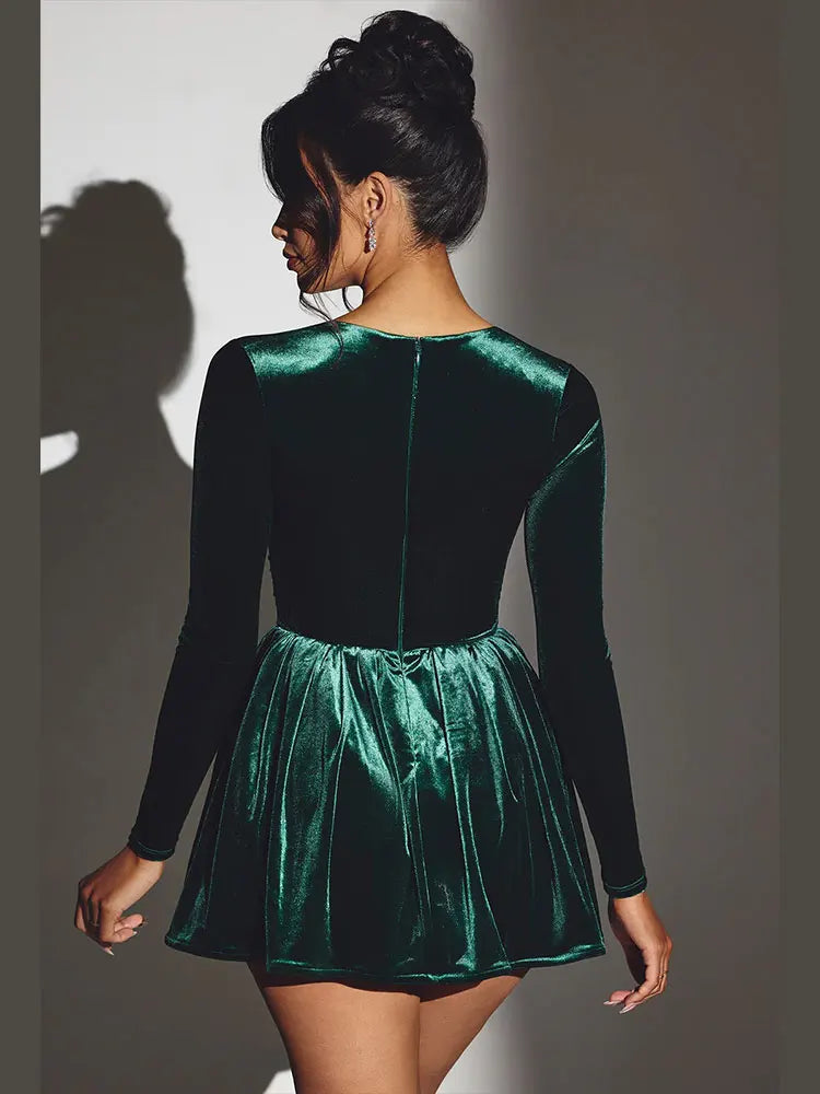 Elegant Velvet Mini Dress Women Sexy Long Sleeve Bodycon A-lime dresses Vintage Slim Fit Luxury Party Evening Short Vestidos