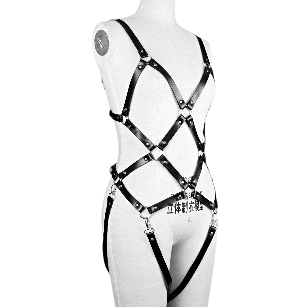 PU Leather Harness Fashion Pink Garter Full Body Lingerie Body Tops Cage Fishnet Style Women's Underwear Suspenders
