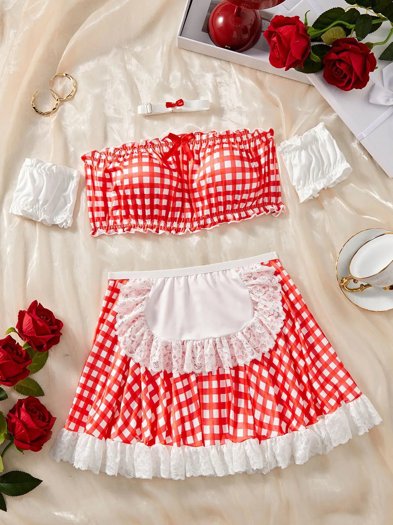 Ellolace Plaid Housemaid Cosplay Lingerie 4-Piece Maid Sexy Women's Outfit Fantasia Intimate Sex Fetish Cute Adult Goods Costume