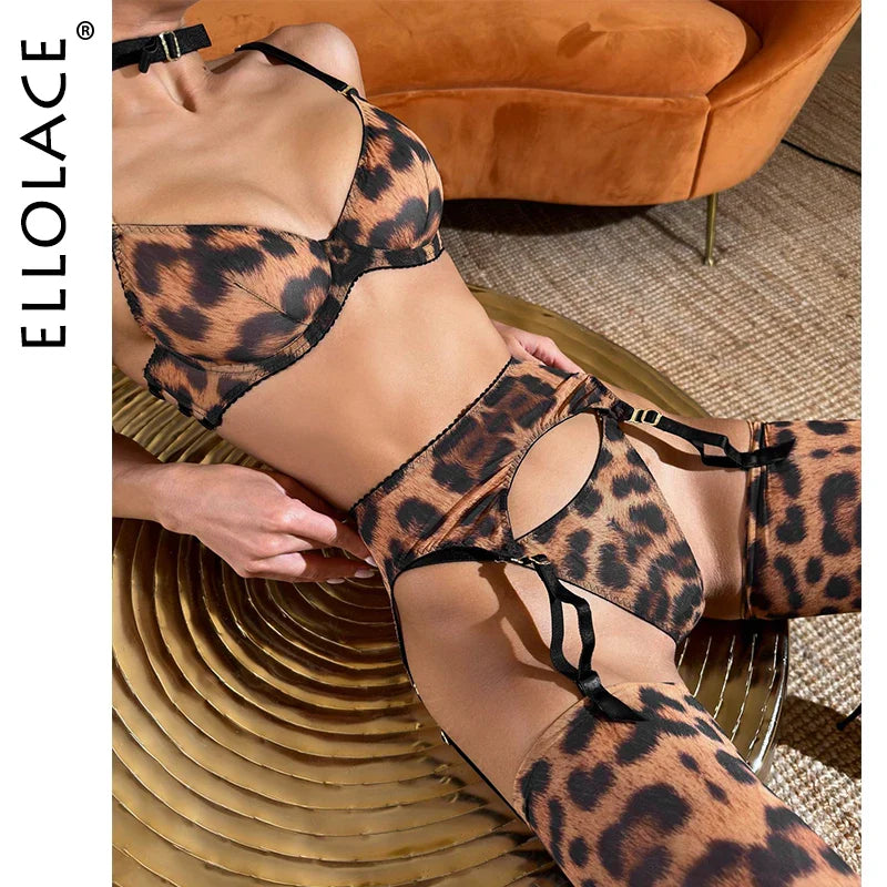 Ellolace Leopard Lingerie Sexy Support Seamless Hot Girl Underwear Sissy Garter Exotic Sets Fancy Push Up Bra Matching Sets