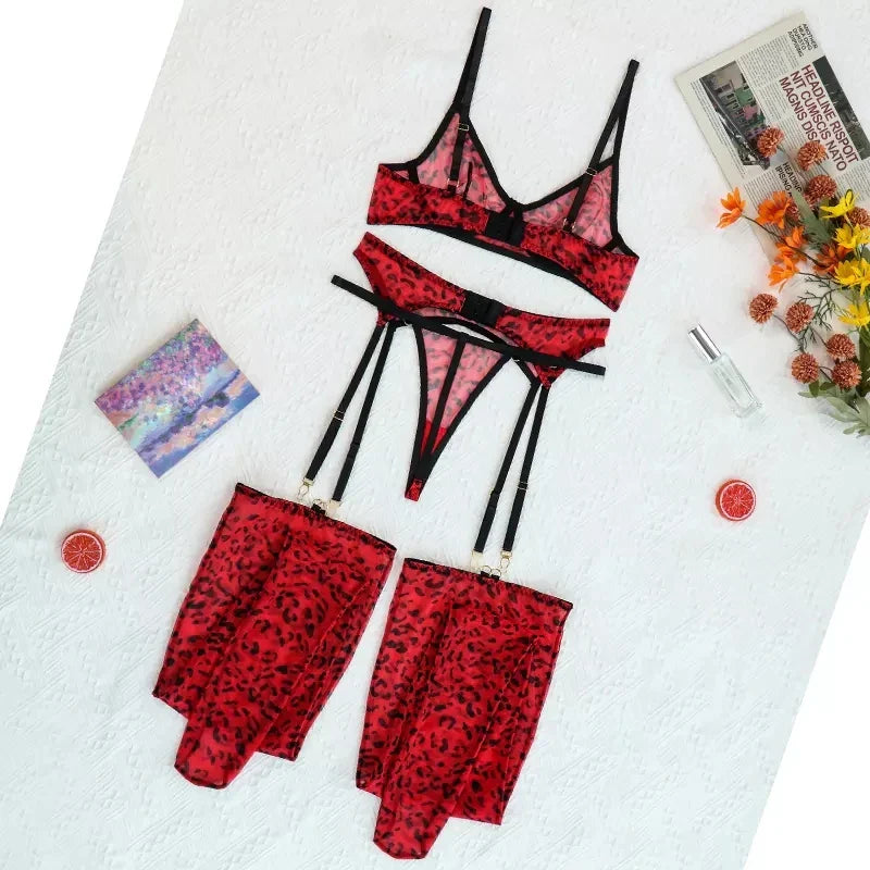 Ellolace Leopard Lingerie For Women Lace Set Of Underwear With Stockings 4-Pieces Erotic Thongs Garter Fancy Matching Outfit
