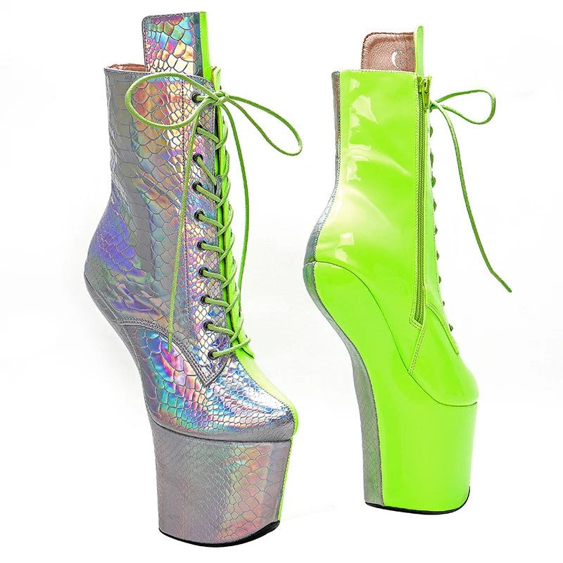 PU Upper Silver with green color Platform Ankle Boots y Exotic heelless pole dance shoes