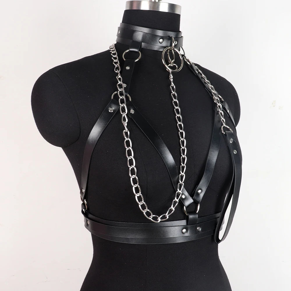 Goth Bra y Lingerie For Woman Leather Body Harness Belt Chest y Corset With Chain Festival Outfits Women