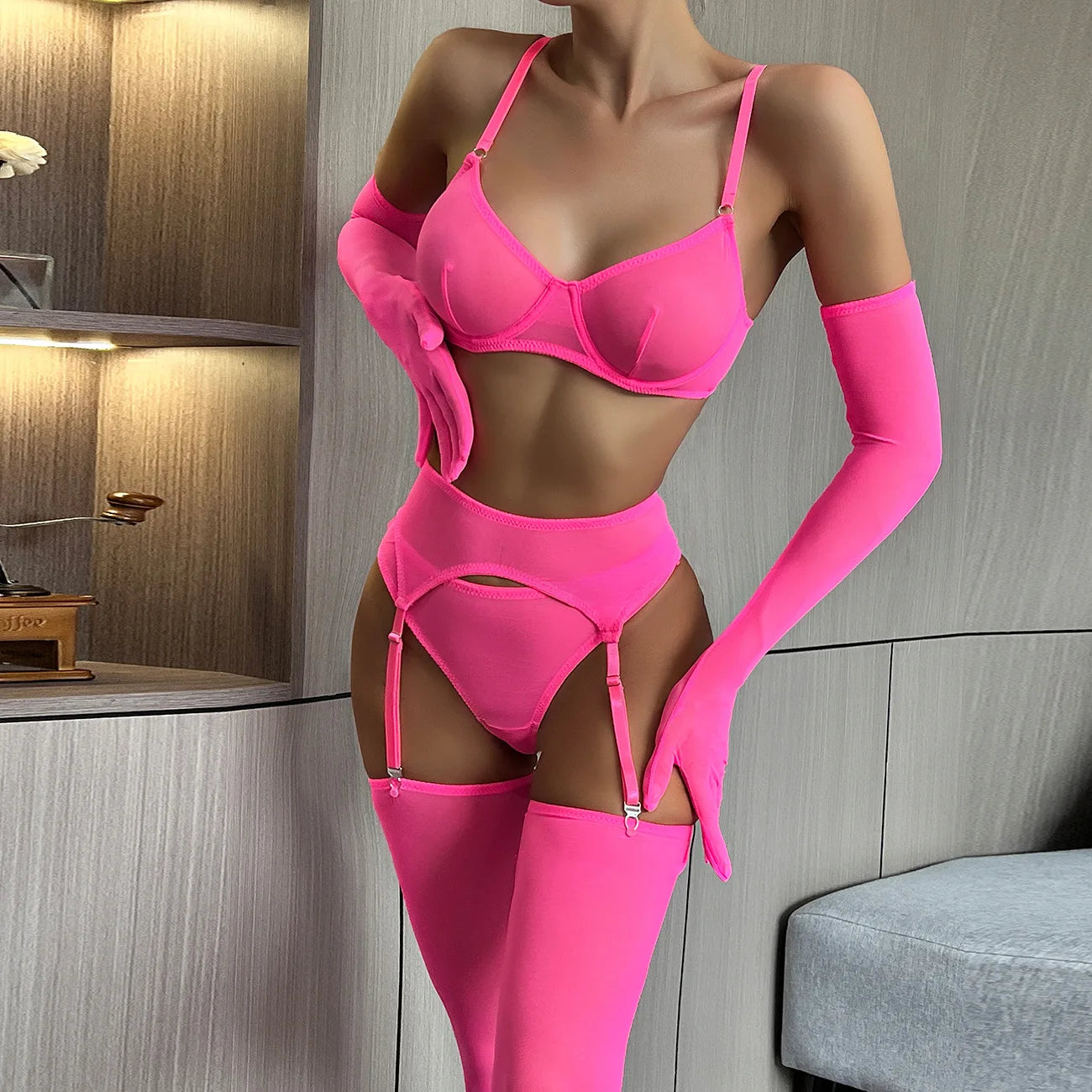 Red Lips Lingerie Sensual Lace Underwear 5-Piece Transparent Bilizna Set Seamless Intim Goods Fancy Exotic Set