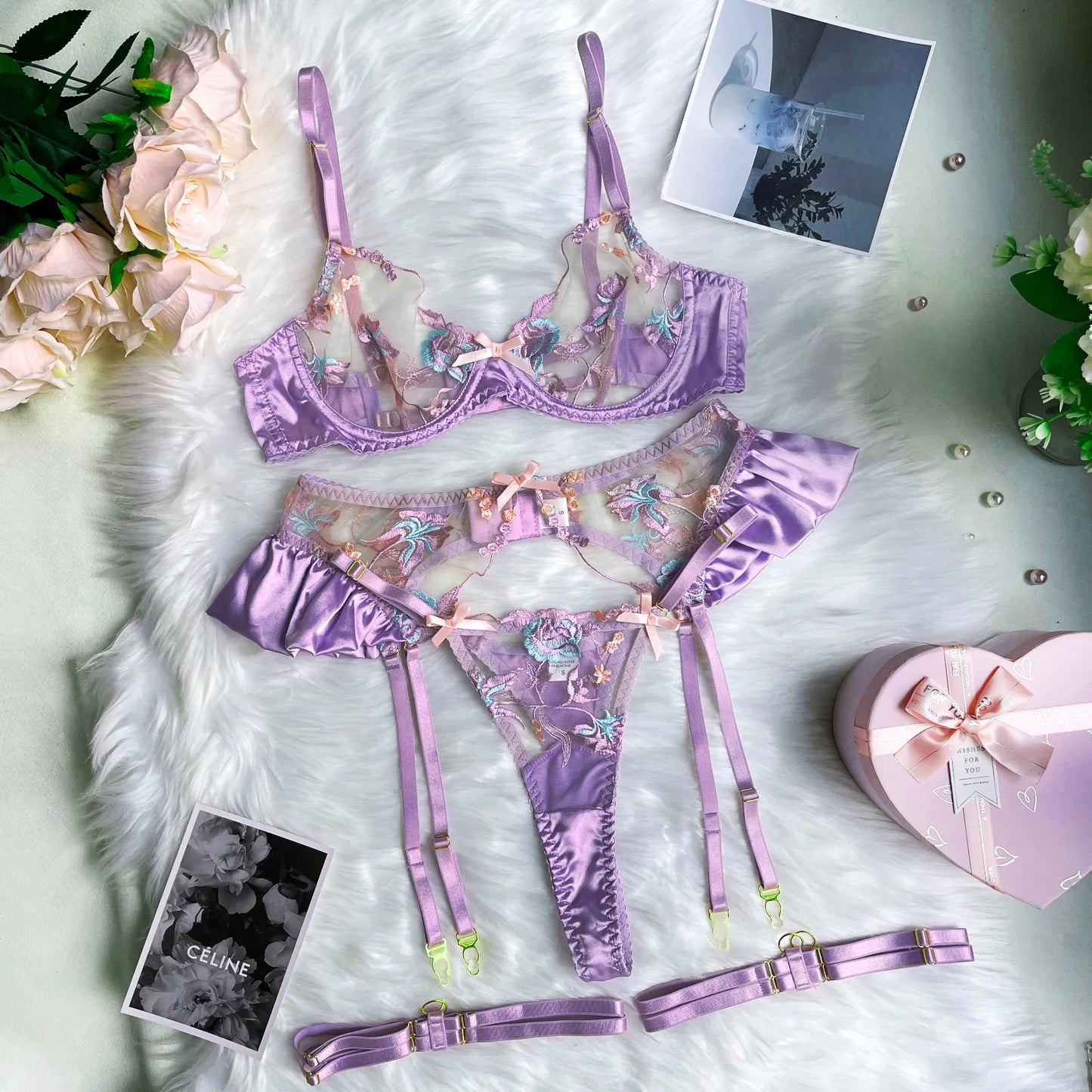 Ruffle Lingerie Floral Intimate Set Transparent Lace Fantasy Underwear Luxury Attractive Pushup Bra Outfits