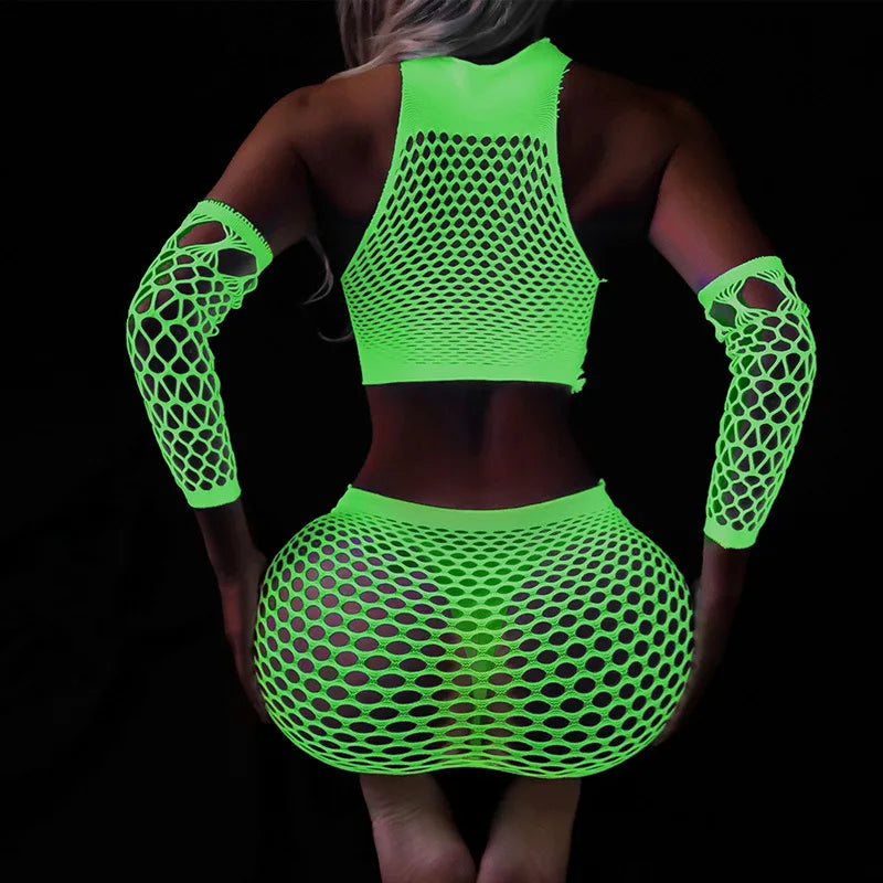 New Luminous Crotchless Bodystocking For Mesh Babydoll Dress Transparent Lingerie Plus Size Curvy Bodysuit Costumes
