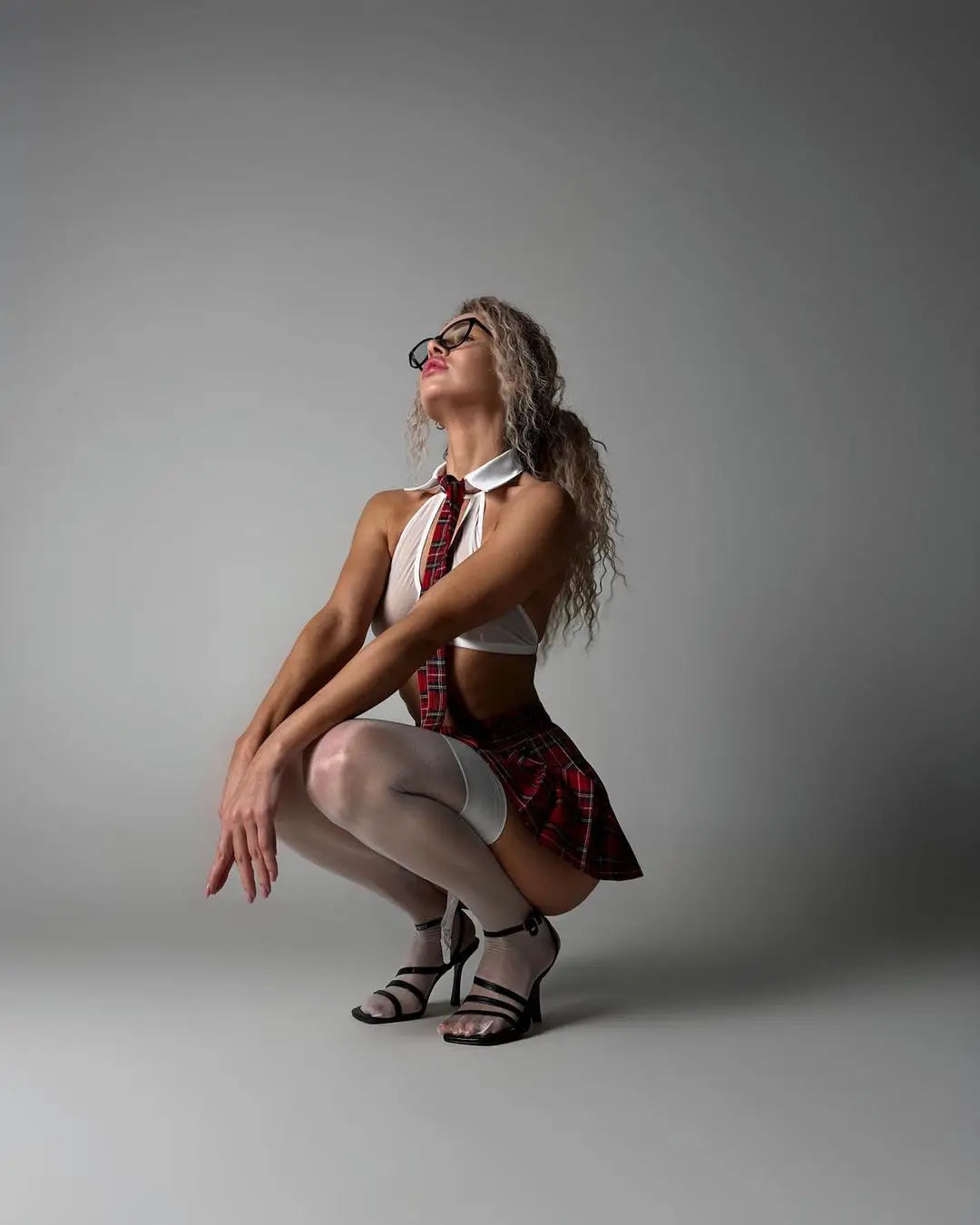 Ellolace Teacher Cosplay Lingerie Sheer Halter Bra Plaid Skirt See Through Intimate Goods Sissy Erotic Crotchless Briefs Outfits