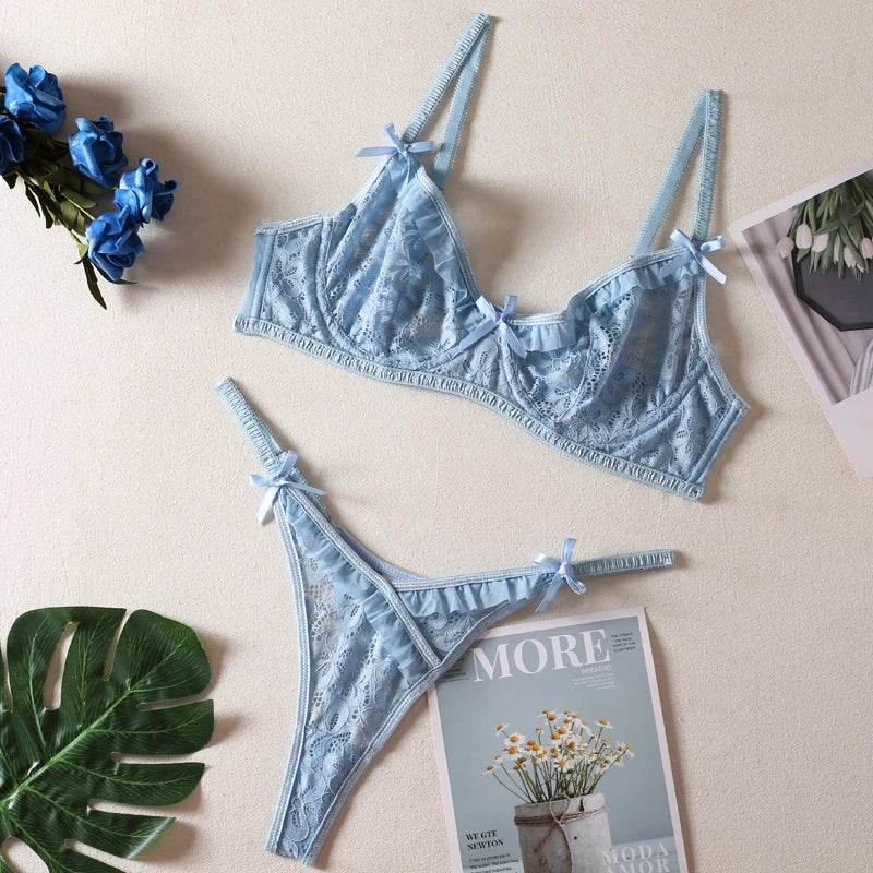 Fancy Lingerie Floral Lace Underwear Set Women 2 Piece Push Up Bras Fantasy Uncensored Bowknot Exotic Intimate