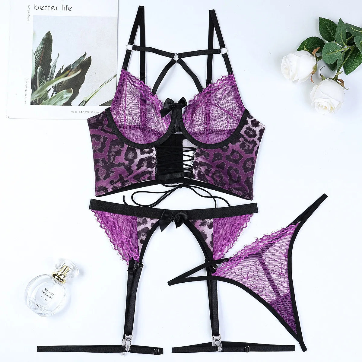 Ellolace Leopard Lingerie Fancy Lace Sexy Outfits Cross Attractive Chest Suspenders Purple Lace Up Luxury Matching Exotic Sets