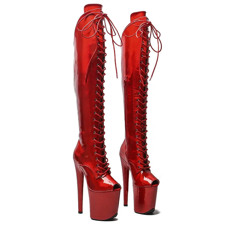 20CM/8inches Shiny PU Pole dancing shoes High Heel platform Boots Small Open toe Pole Dance boots