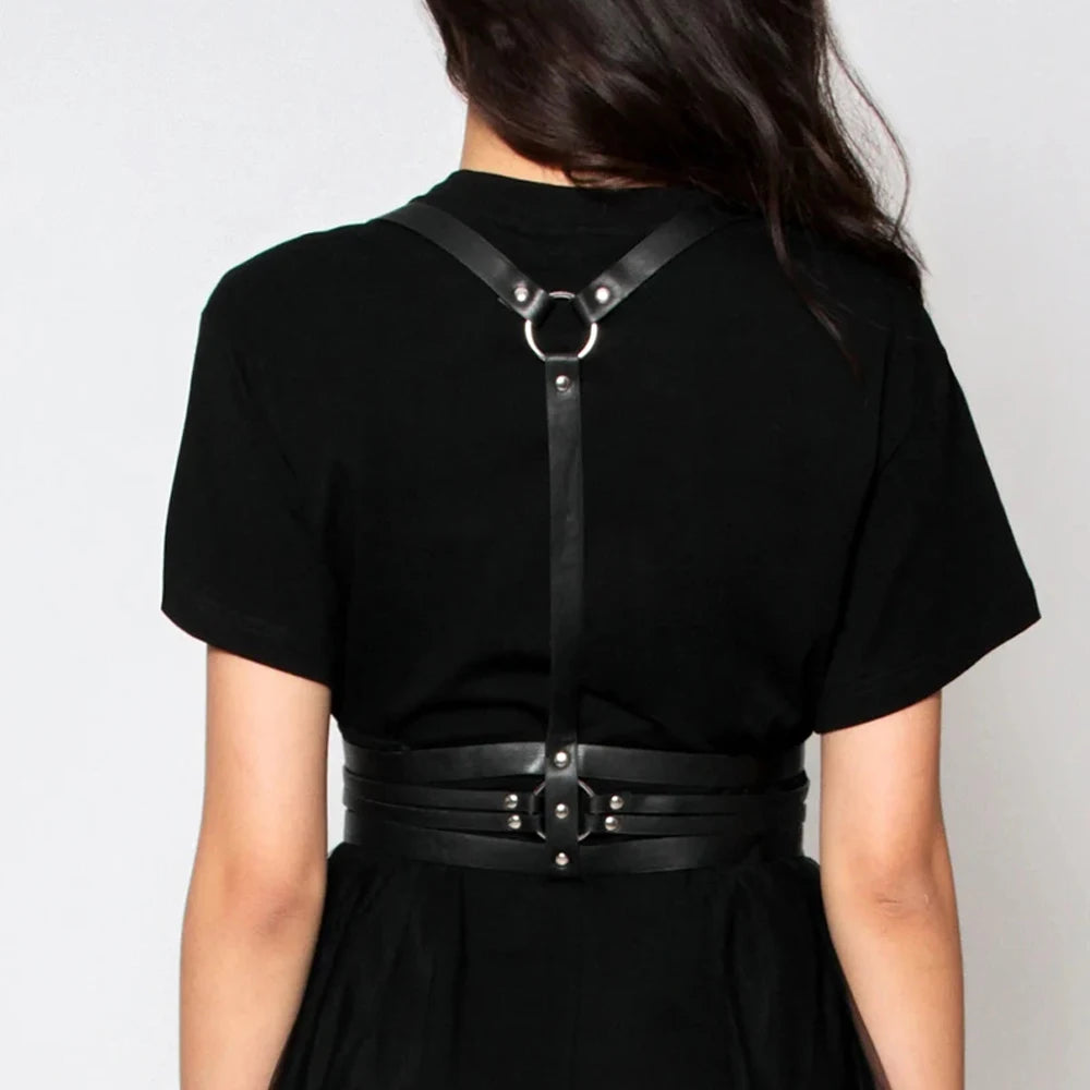 Goth PU Leather Harness Top Women Punk Belt Chest Corset Harness Garter Body Cage Gothic Suspender Festival Accessories
