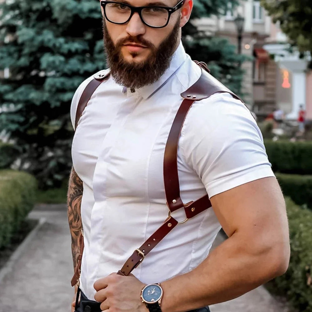 Men's Suspenders Vintage Brown PU Leather Straps Braces Suspender Men Harness Punk Chest Shoulder Belt Strap Apparel Accessories