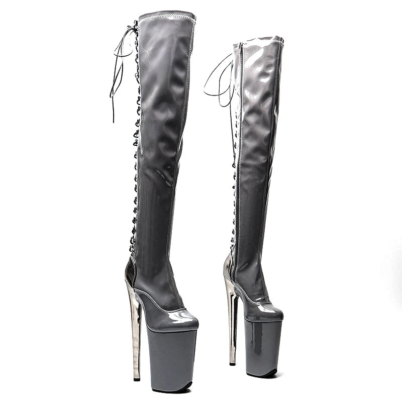 23CM/9inches patenr leather Knee High Boots For Women Chunky Platform y High Boots Party Shoes Ladies 5B