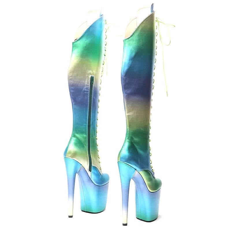 20CM/8inches Colorful PU Upper Women y Pole Dance Shoes High Heel Platform Lace up Thigh High Boots Pole Dance Boots