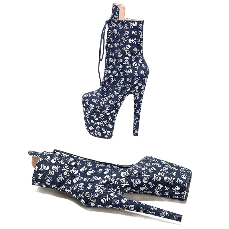 20CM/8inches Skull pattern Super High Heel Pole Dancing Ankle Boots Lacing Fashion Club Stage Performance High Heel 3B
