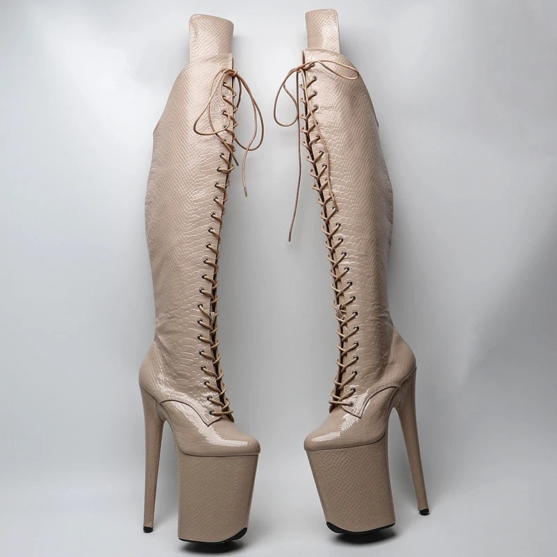 23CM/9inches Snake Upper Women Fashion High Heel Platform Lace Up And Closed Toe Thigh High Boots Pole Dance Boot